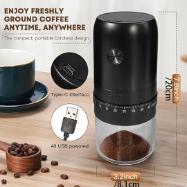 USB充電式の調節可能なセラミックバースト、ボタン操作とクリーニングブラシ付きのポータブルコーヒーグラインダー、旅行や家庭での使用に最適なミニ電動コーヒービーンミル、濃縮コーヒーとドリップコーヒーに最適なエスプレッソメーカー | スリーカフェメーカー | 食品用プラスチックボディ