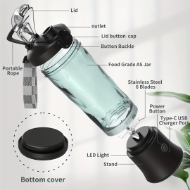 1pc ポータブル USB 充電ブレンダー 6 ブレードシステム、透明ボディ、簡単にクリーニング - 家庭、キッチン、旅行、パーティーに最適 - 完璧なホリデーギフト、旅行ブレンダー | モダンキッチンアピアンス | 耐久性のあるプラスチックブレンダー