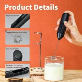 電動ミルク泡立て器、ハンドヘルド、電池式泡立て器泡立て器、コーヒー、カプチーノ、ラテ、フラッペ、抹茶、ホットチョコレート、キッチンアクセサリー用ミニドリンクミキサー (ブラック) (電池は含まれません)