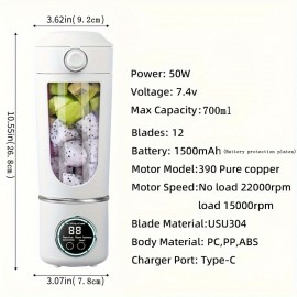 YAOWITHSU ポータブルUSB充電式ジューサー - スムージー＆ミルクシェイク用コンパクト23.67ozブレンダー、簡単お手入れ、デジタルディスプレイ＆12枚刃付き