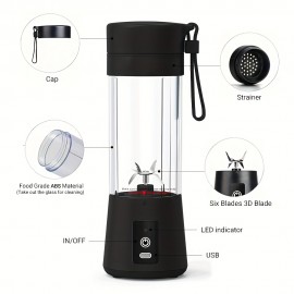 Ifeling USB充電式ポータブルブレンダー - ミニパーソナルスムージーメーカー、ジュース・シェイク＆トラベルドリンク用、380ml、食品グレードPPカップ、リチウムバッテリー、黒と緑のアクセント、携帯型ブレンダー
