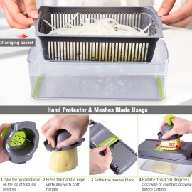 14-in-1 多機能野菜チョッパーセット、8枚のステンレス鋼ブレード＆コンテナ付き - 玉ねぎ、ニンニクなどに最適