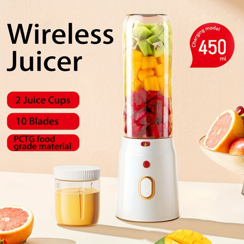 1個/450ml、ジューサー、2つのカップ付き、ポータブルUSB充電式ミニブレンダーフレッシュジュースカップ、ワイヤレスポータブルジュース、ボーナスポータブルカップカバー、スムージーとシェイク用のパーソナルサイズブレンダー、キッチン、ホーム、旅行用のホームフルーツブレンダー