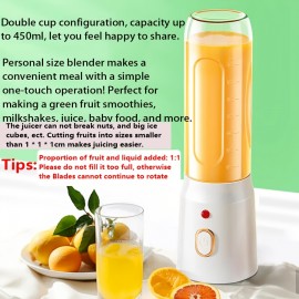 1個/450ml、ジューサー、2つのカップ付き、ポータブルUSB充電式ミニブレンダーフレッシュジュースカップ、ワイヤレスポータブルジュース、ボーナスポータブルカップカバー、スムージーとシェイク用のパーソナルサイズブレンダー、キッチン、ホーム、旅行用のホームフルーツブレンダー